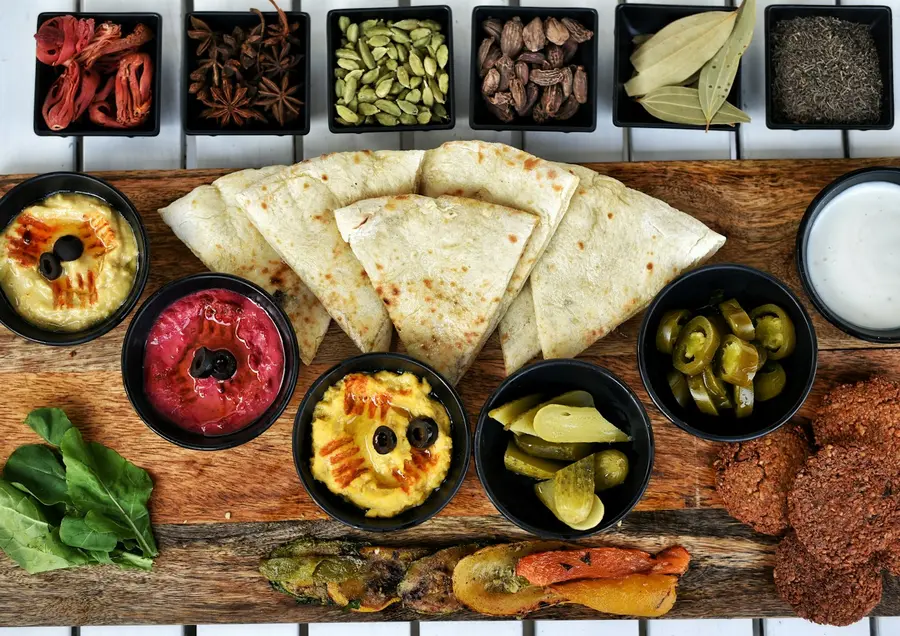 Hummus, baba ghanoush and pickles