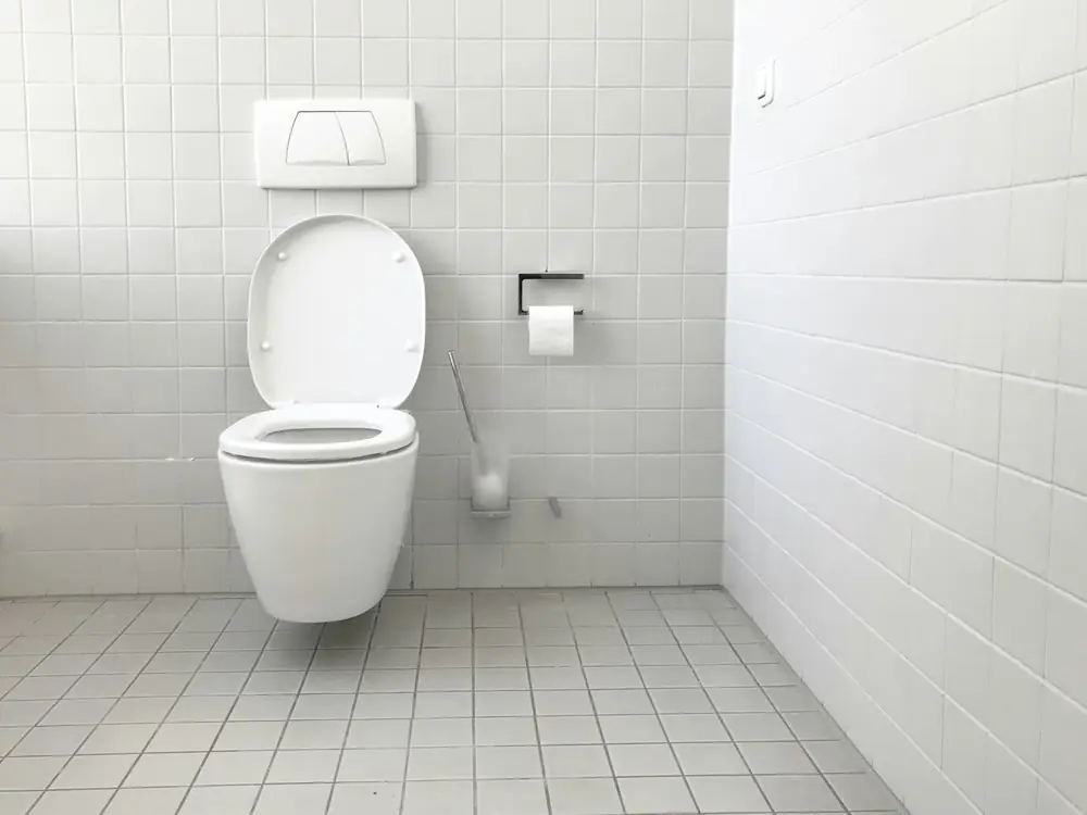Wall-hung toilet in a white tiled bathroom